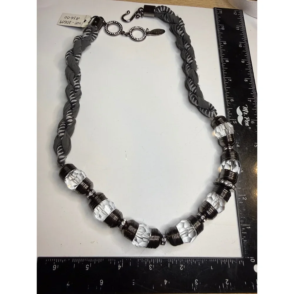 Cara NY Statement Necklace Grey Braided Fabric Gunmetal Rhinestone Clear Beads